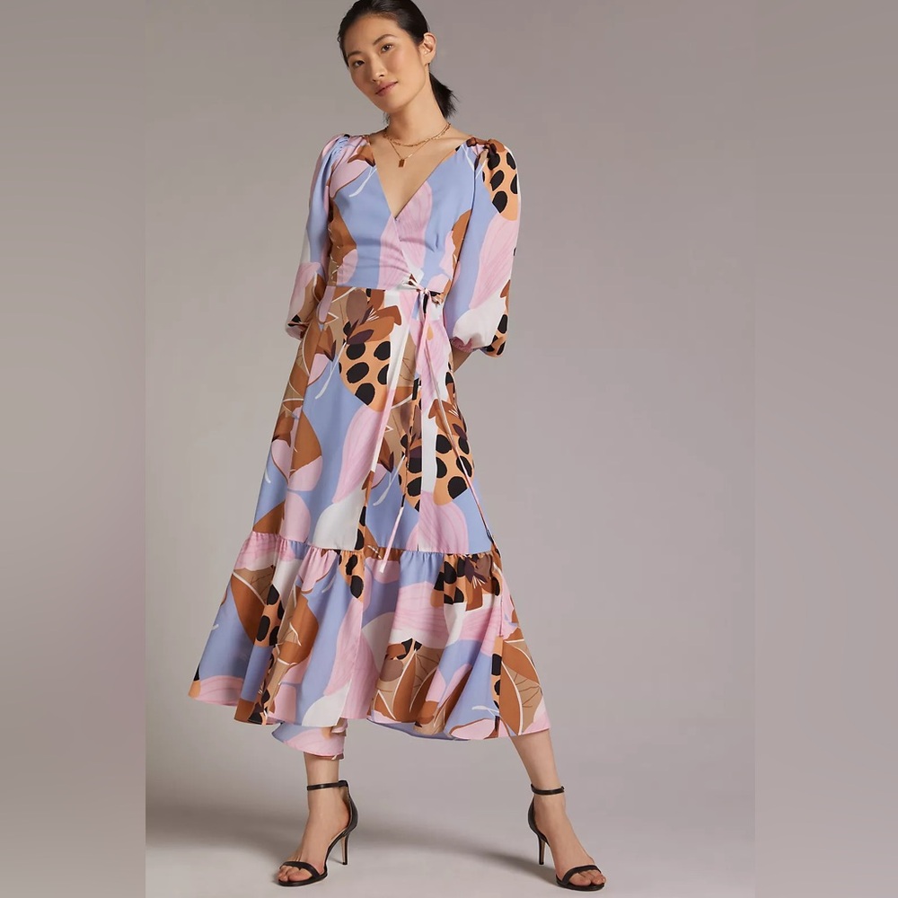Anthropologie - Hutch - Bloom Wrap Midi Dress Pastel Browns‎ Pattern -Open Back